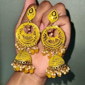 Gold plated yellow jhumka meenakari earrings